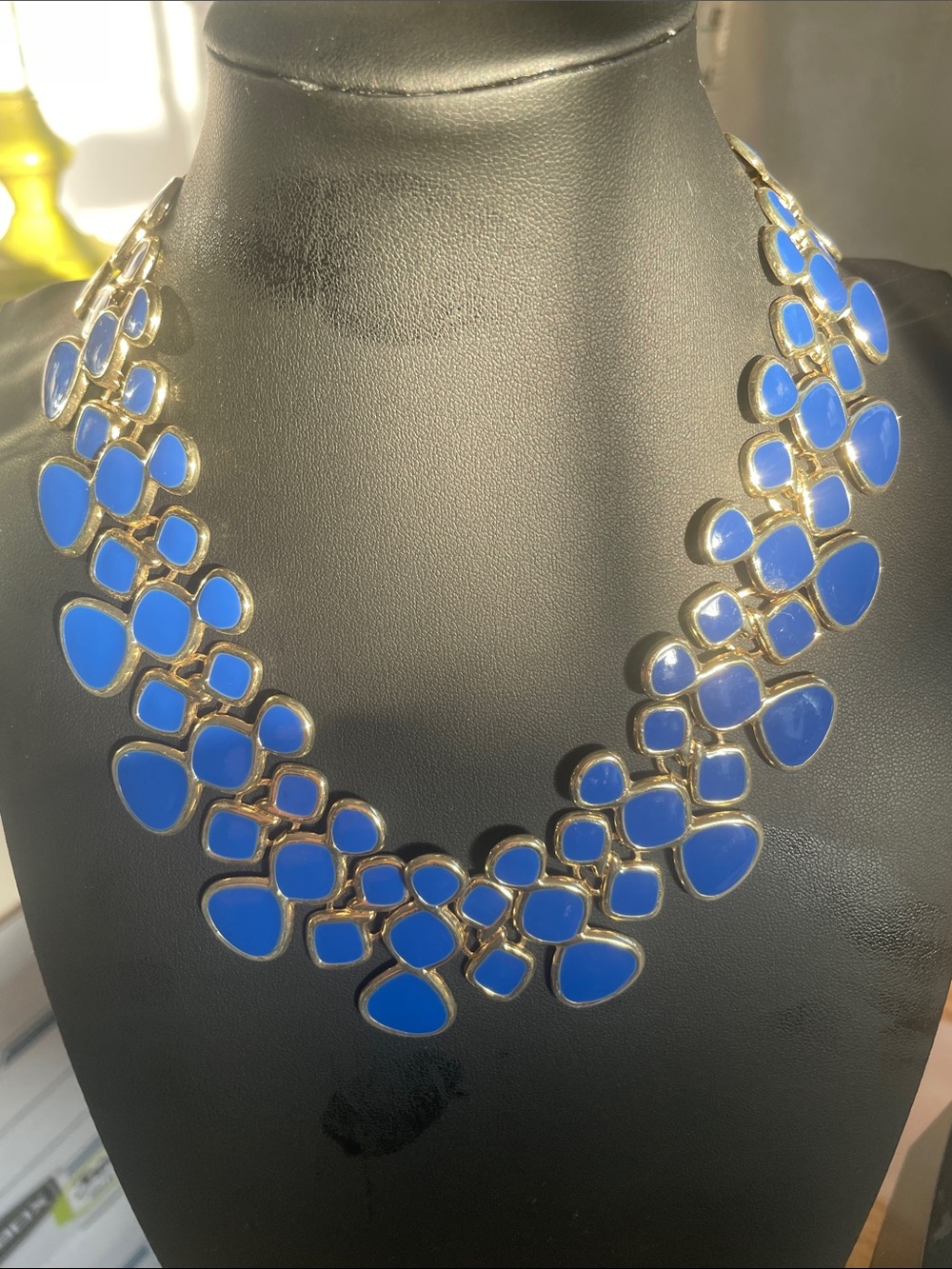 Blue Enamel Gold-Tone Statement Necklace Fold over Clasp 17”L 1.5 W